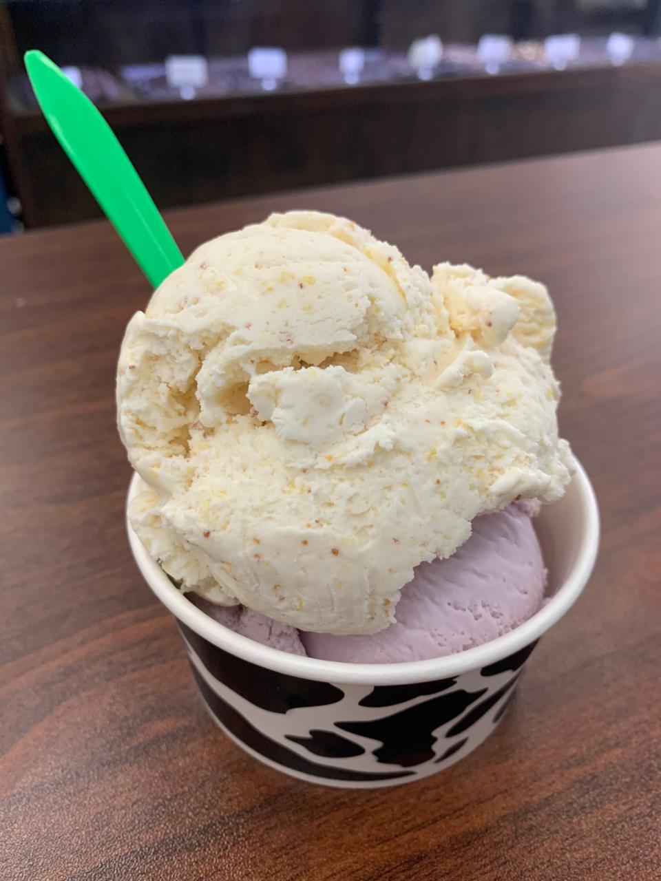 Honey Cornbread and Lavender Queen Bee ice cream flavors at Chill Artisan Ice Cream in downtown Akron.