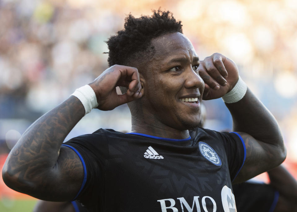 CF Montreal's Romell Quioto reacts after scoring against Sporting Kansas City during the first half of an MLS soccer match Saturday, July 9, 2022, in Montreal. (Graham Hughes/The Canadian Press via AP)