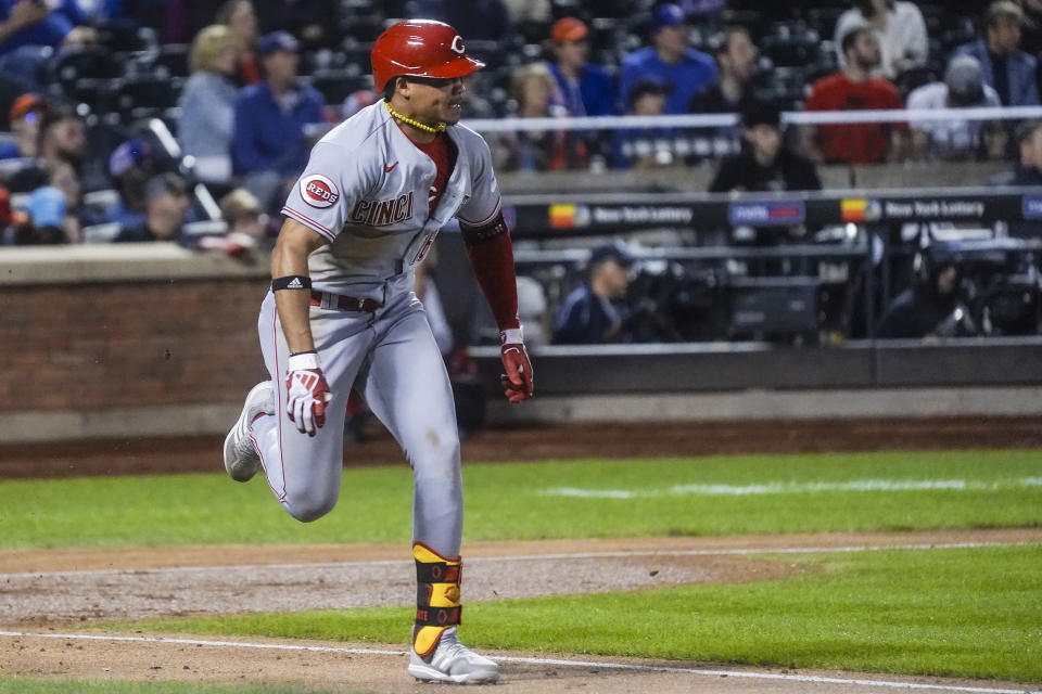 Cincinnati Reds' Noelvi Marte runs on his base hit during the fifth inning of a baseball game against the New York Mets, Friday, Sept. 15, 2023, in New York. (AP Photo/Bebeto Matthews)