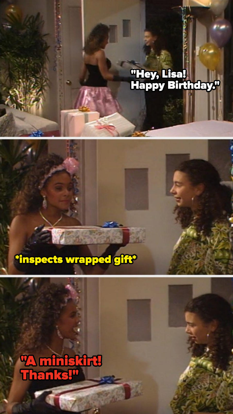 Lisa identifies a wrapped birthday gift from a guest at her sweet 16 party