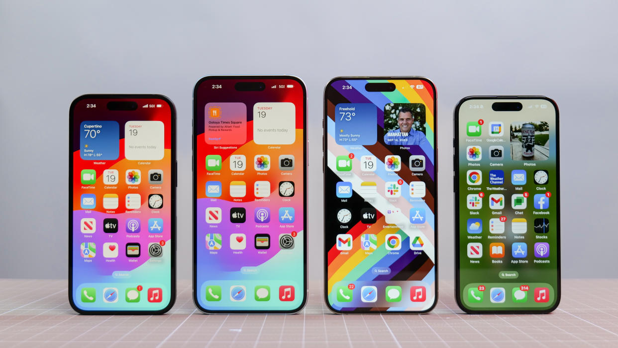  All iPhone 15 models shown together. 