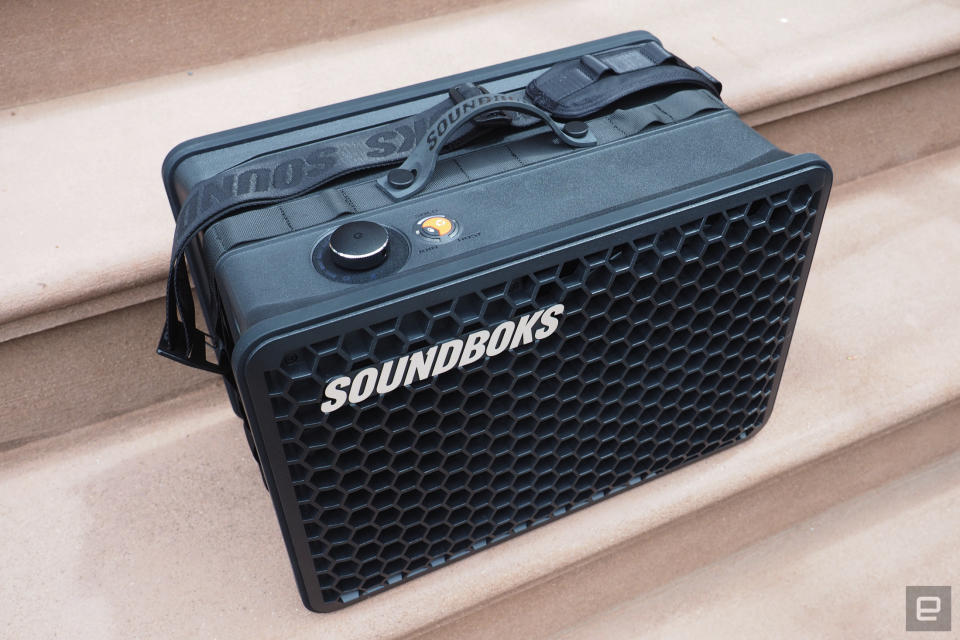 <p>The Soundboks Go portable Bluetooth speaker seen on the front steps of a Brooklyn brownstone.</p> 