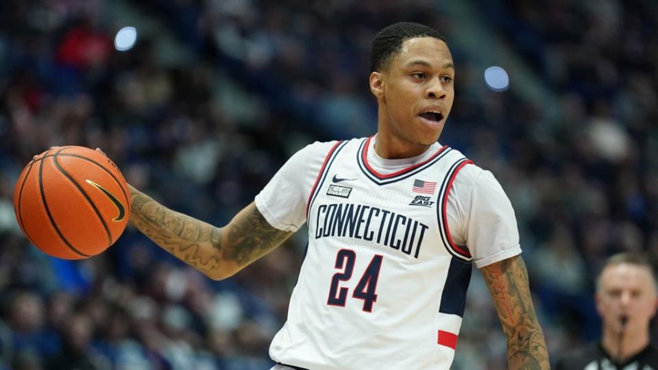 Jan 22, 2023; Hartford, Connecticut, USA; UConn Huskies guard Jordan Hawkins (24) returns the ball against the Butler Bulldogs in the first half at XL Center.