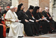 Pope Francis attends a penitential liturgy at the Vatican, Saturday, Feb. 23, 2019. The pontiff is hosting a four-day summit on preventing clergy sexual abuse, a high-stakes meeting designed to impress on Catholic bishops around the world that the problem is global and that there are consequences if they cover it up. (Vincenzo Pinto/Pool Photo Via AP)