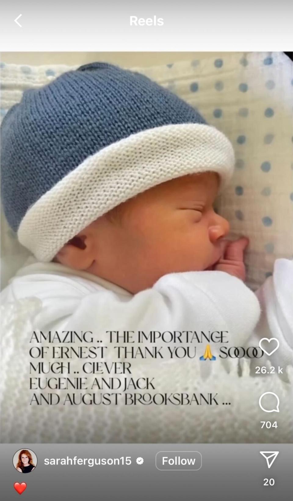 Sarah Ferguson’s Instagram Story post celebrating the birth of her new grandson Ernest (Instagram)