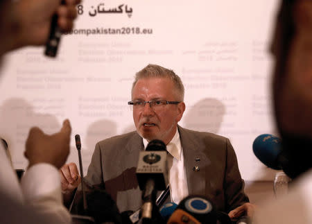Michael Gahler, chief observer of the EU Election Observation Mission to Pakistan, speaks at a news conference in Islamabad, Pakistan, July 27, 2018. REUTERS/Faisal Mahmood
