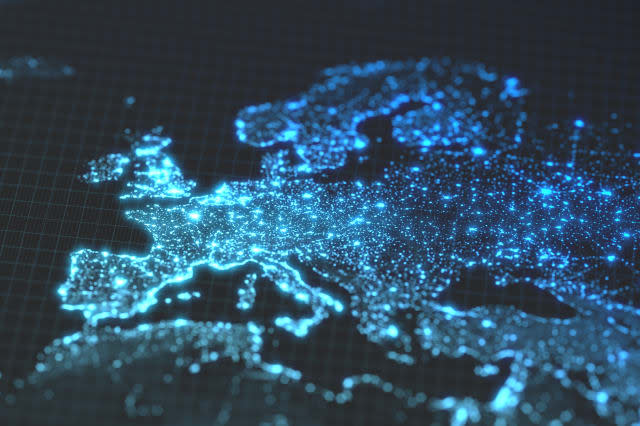 dark earth map with glowing details of city and human population density areas. wiew of europa. 3d illustration