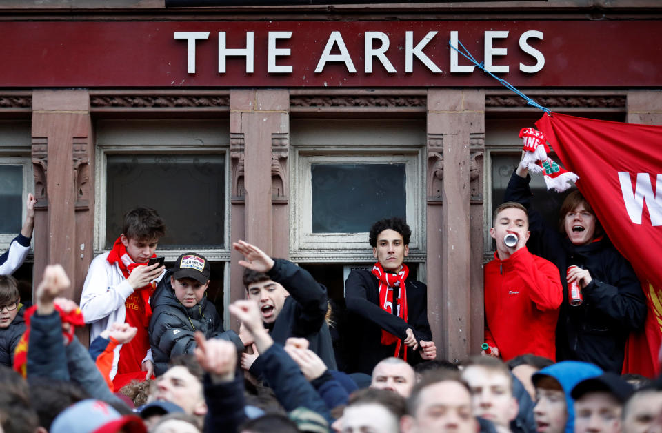 <p>Soccer Football – Champions League Quarter Final First Leg – Liverpool vs Manchester City – Anfield, Liverpool, Britain – April 4, 2018 Liverpool fans outside the stadium before the match Action Images via Reuters/Carl Recine </p>