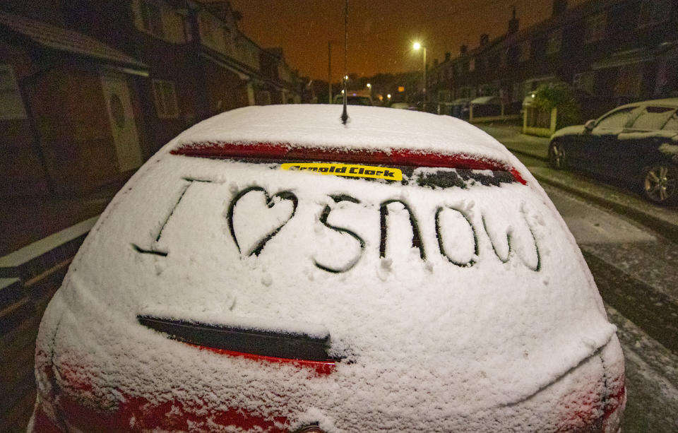 A message written on a car window after a snowfall in Liverpool overnight. (Photo by Peter Byrne/PA Images via Getty Images)