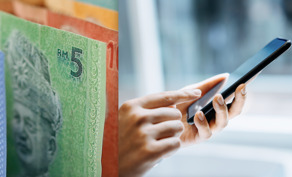 A composite image of Malaysia&#39;s 5 ringgit note and a person scrolling through a mobile phone with data plan.