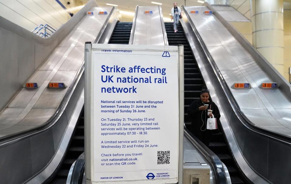 A sign warns passengers at Stratford station of the strike action (Stefan Rousseau/PA) (PA Wire)