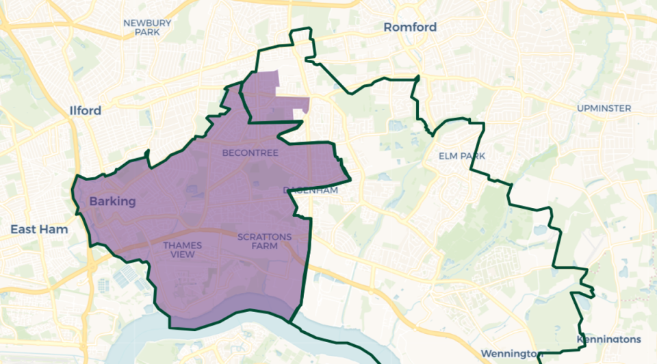 Barking constituency map. Purple shaded area: Current constituency boundary. Green outlines new constituency boundaries (© OpenStreetMap contributors | © CARTO)