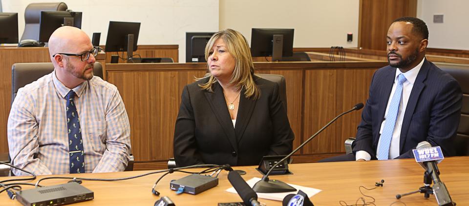 (Left to right) Roger Roof, Liz Petrick and state Sen. Darius Brown discuss an upcoming "safe surrender" event at a press conference at the Leonard L. Williams Justice Center in Wilmington on Monday May 1, 2023.
(Photo: Damian Giletto/Delaware News Journal)