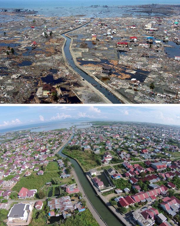 The devastated district of Banda Aceh on Indonesia's Sumatra island in the aftermath of the massive December 26, 2004 tsunami and the same location photographed on December 1, 2014 showing new houses and a rebuilt community