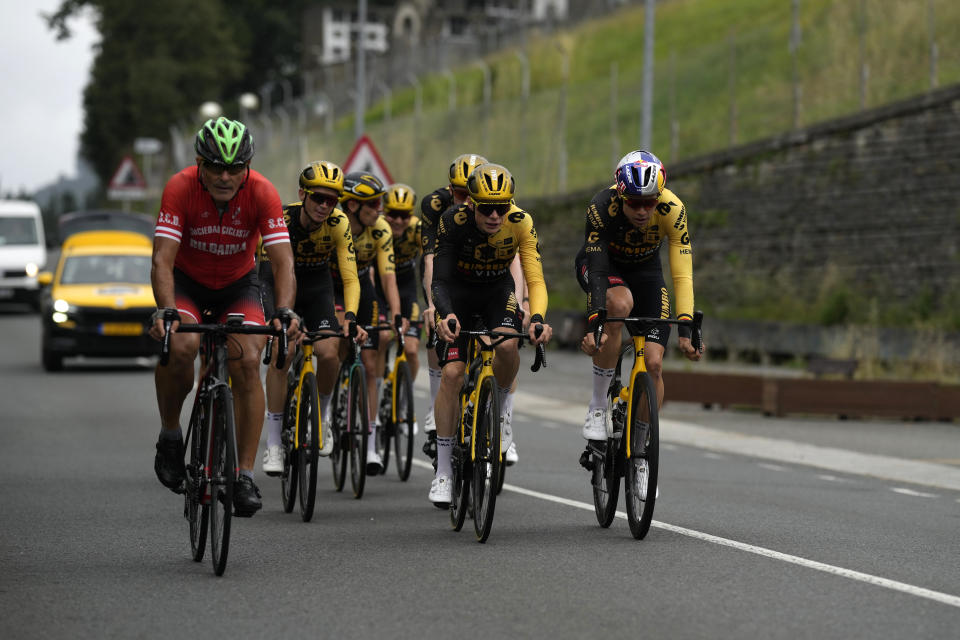 A man pedals with Jumbo Visma cycling team riders during a training near Bilbao, Spain, Thursday, June 29, 2023. The Tour de France cycling race starts on Saturday, July 1, with the first stage over 182 kilometers (113 miles) with start and finish in Bilbao. (AP Photo/Thibault Camus)