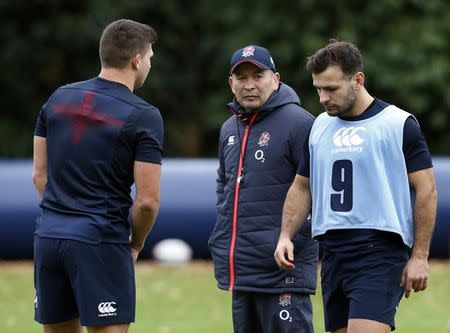 Britain Rugby Union - England Training - Pennyhill Park Hotel, Bagshot, Surrey - 24/11/16 England's Ben Youngs, Head Coach Eddie Jones and Danny Care during training Action Images via Reuters / Paul Childs Livepic