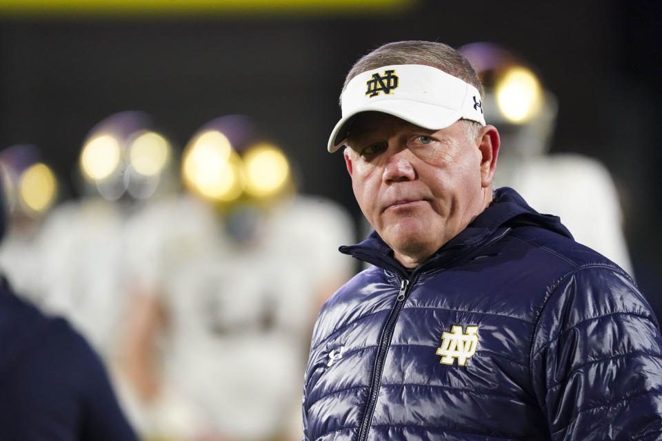 Notre Dame Fighting Irish head coach Brian Kelly looks on before the game against the Duke Blue Devils at Wallace Wade Stadium. (USA TODAY Sports)