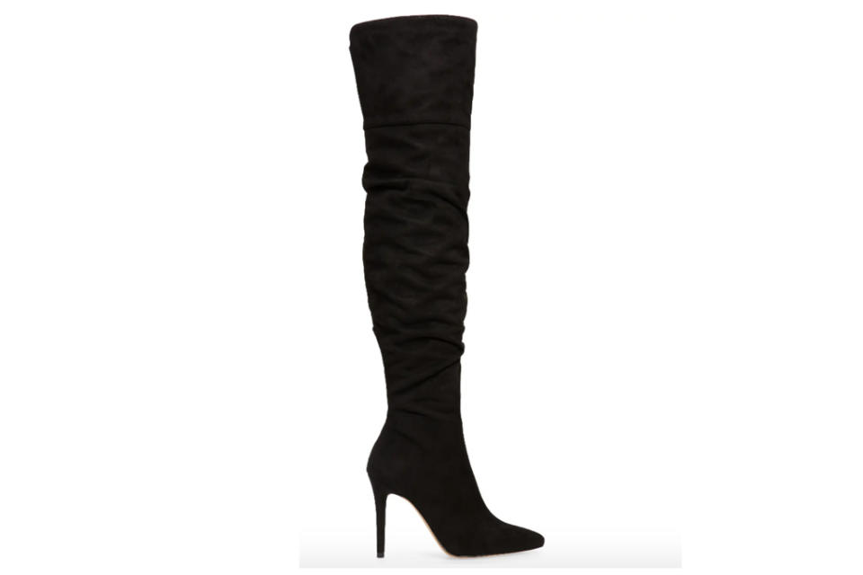 black boots, knee high, heeled, pointed toe, suede, jessica simpson