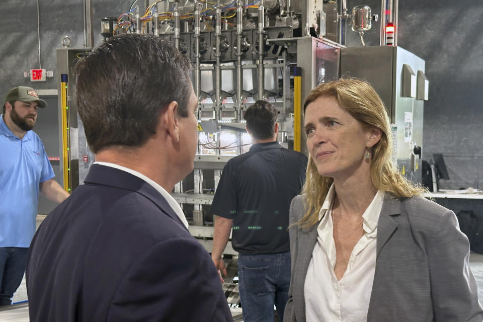 USAID Administrator Samantha Power speaks with U.S. Rep. Austin Scott on Friday, May 3, 2024, during a tour of the factory where the nonprofit Mana produces emergency nutritional aid in Fizgerald, Ga. Power announced USAID is investing $200 million in emergency food aid for children in Gaza, Sudan and other countries where conflict has driven up need. AP Photo by Russ Bynum Sent from my iPhone