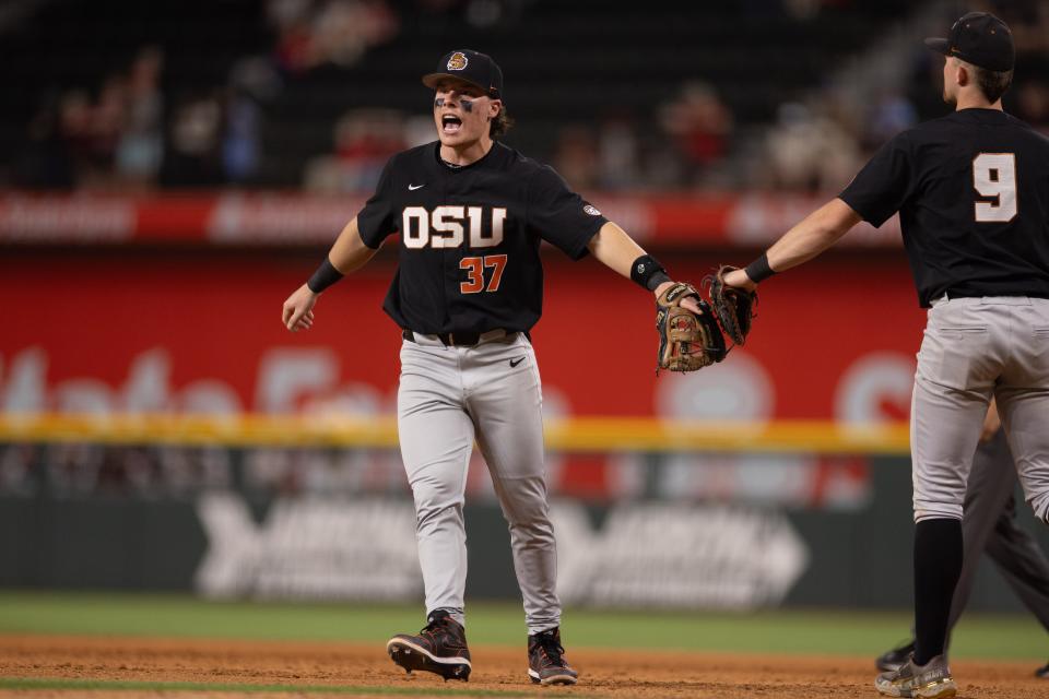 Oregon State's Travis Bazzana reacts in a game against the Arkansas Razorbacks during the Kubota College Baseball Series at Globe Life Field on Feb. 23 in Arlington, Texas.