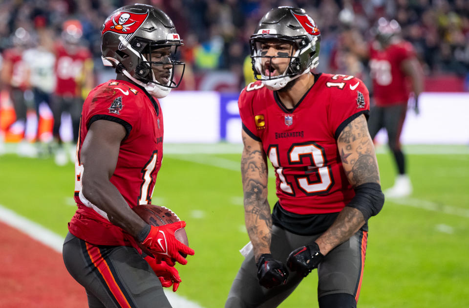 Chris Godwin (left) and Mike Evans could be on the trade block soon. Should the Chiefs make a play at one f them? (Photo by Sven Hoppe/picture alliance via Getty Images)