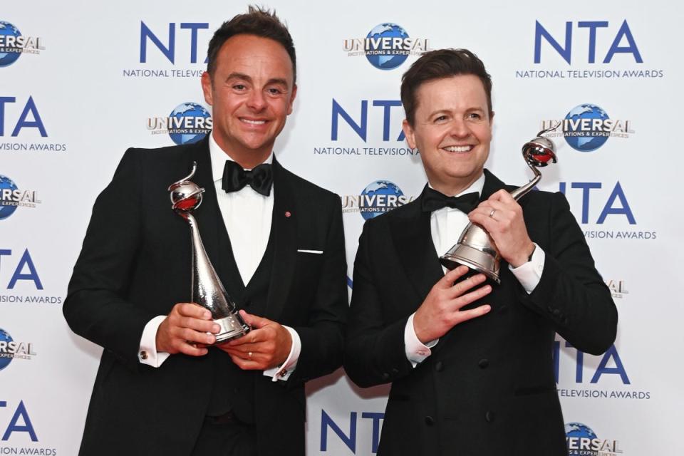 Anthony McPartlin and Declan Donnelly (Ant & Dec), winners of the TV Presenter award, pose in the press room at the National Television Awards 2023 (Dave Benett)