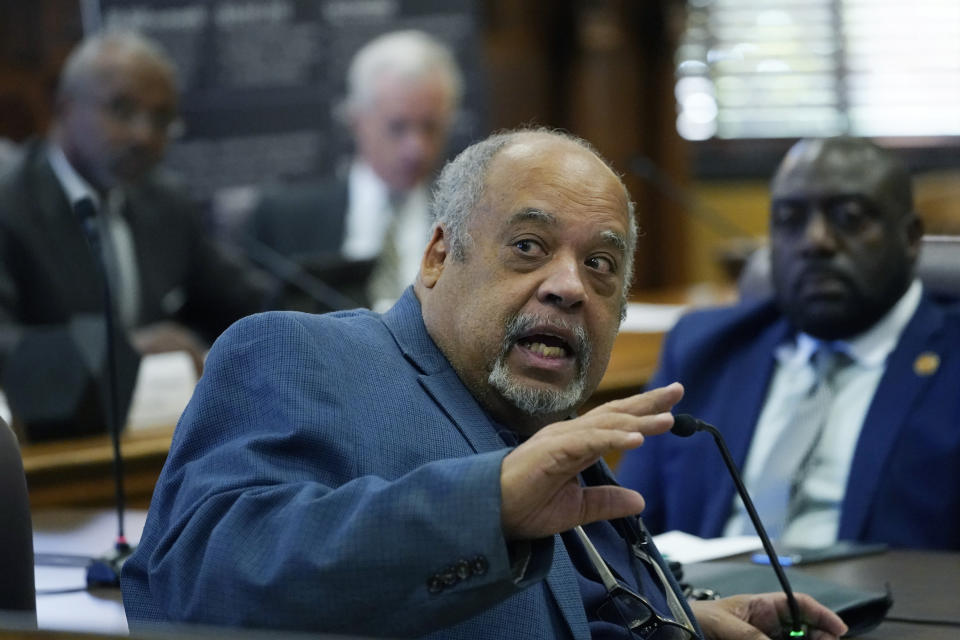 Rep. Earle Banks, D-Jackson, asks a question, during a public hearing held by the Mississippi House and Senate Democratic Caucuses at the Capitol in Jackson, Miss., to gain a better understanding of the welfare scandal, Tuesday, Oct. 18, 2022. (AP Photo/Rogelio V. Solis)