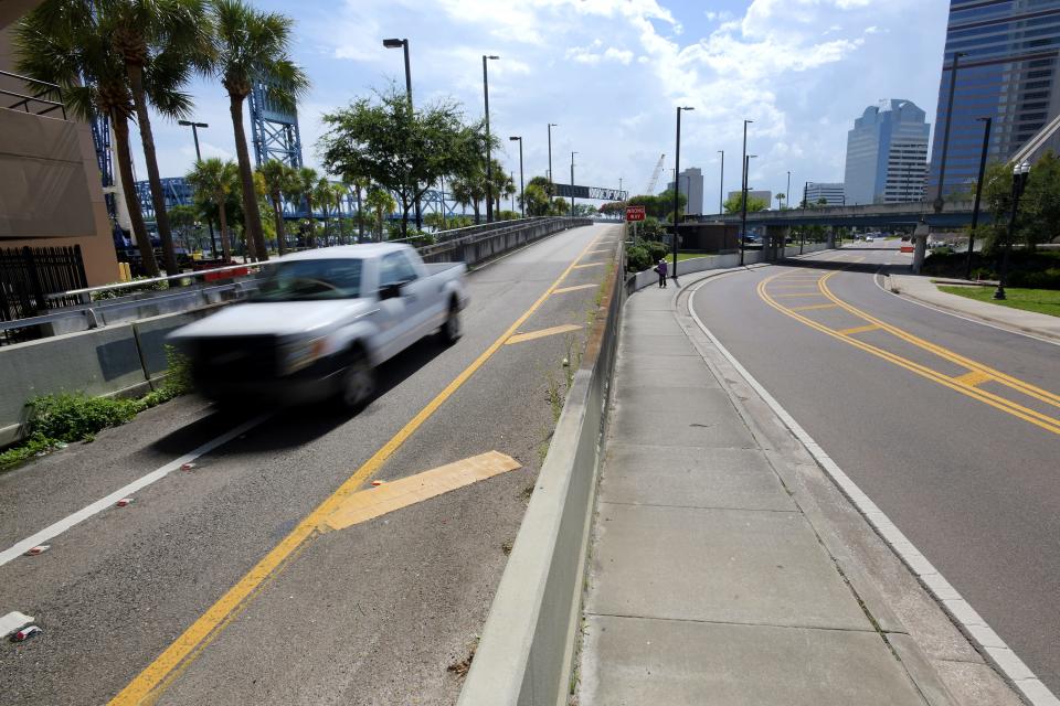 The Main Street bridge off-ramp to South Newnan Street on the Northbank side of the bridge (left) is being considered for demolition to create additional space for development.