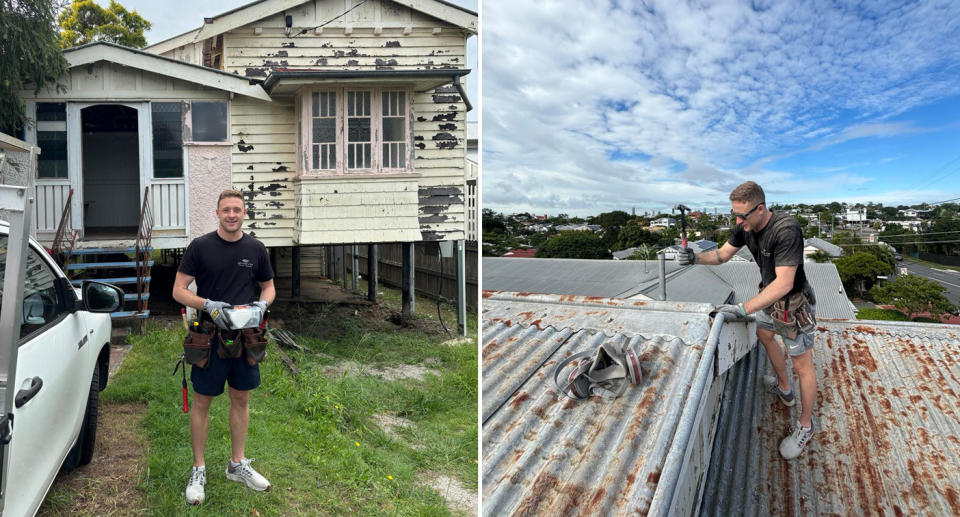 Jordan outside the house (left) and working on the roof (right).