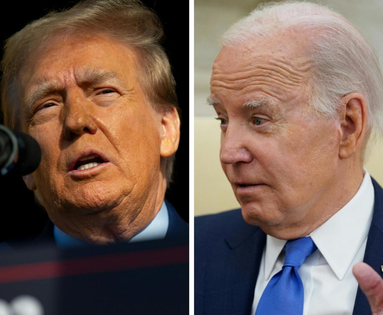 Donald Trump, left, and Joe Biden, both photographed on Nov. 2, 2023, are two of the three oldest men ever to serve as president. Trump: Brandon Bell/Getty Images; Biden: AP Photo/Evan Vucci