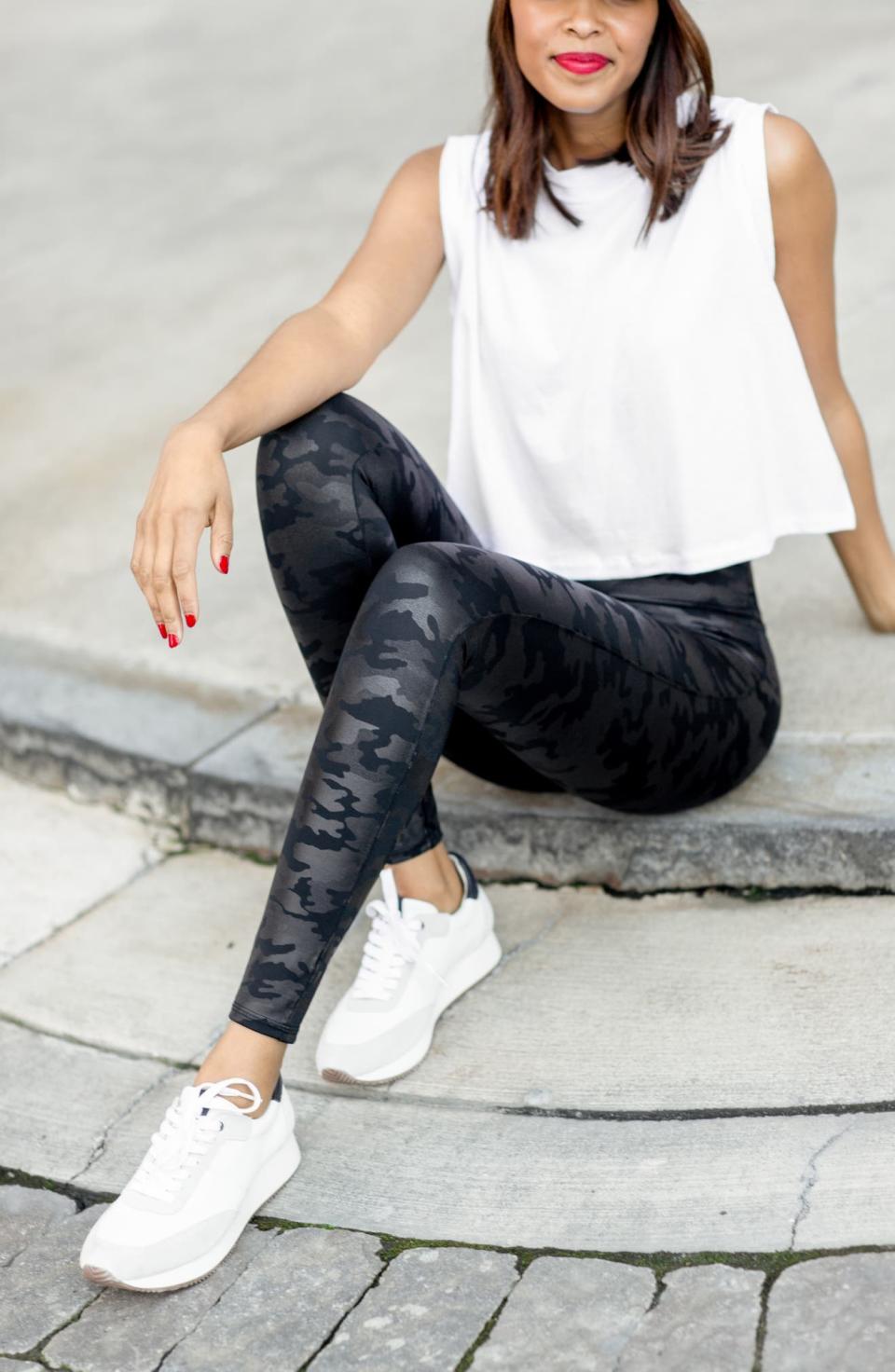 Save big on the bestselling Faux Leather Camo Leggings and more customer favourites with the Spanx New Year Sale. Image via Nordstrom.