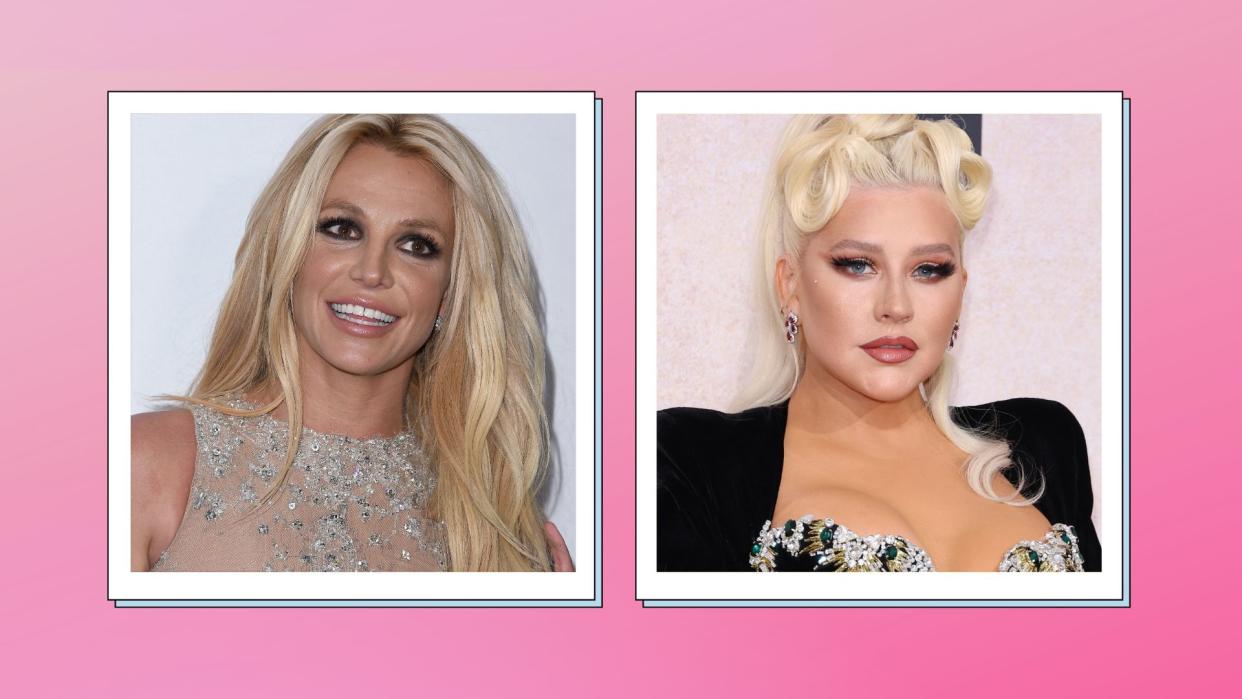  Britney Spears and Christina Aguilera side by side in a pink template 