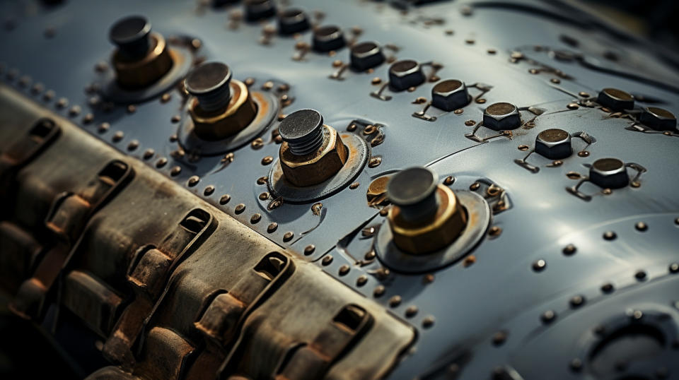 A detailed close up of a metallic or composite aircraft structure, with rivets and screws visible.