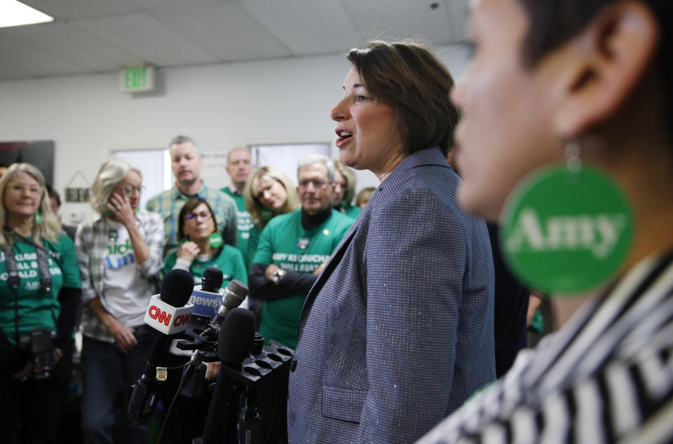 Democratic presidential candidate Sen. Amy Klobuchar, D-Minn., speaks while visiting a campaign office, Saturday, Feb. 22, 2020, in Las Vegas. (AP Photo/John Locher)