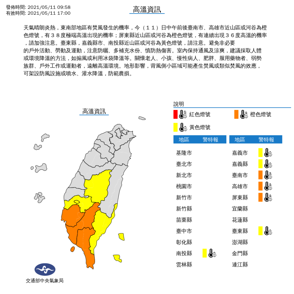 今日天氣炎熱，氣象局對7縣市發布高溫特報。   圖：中央氣象局／提供