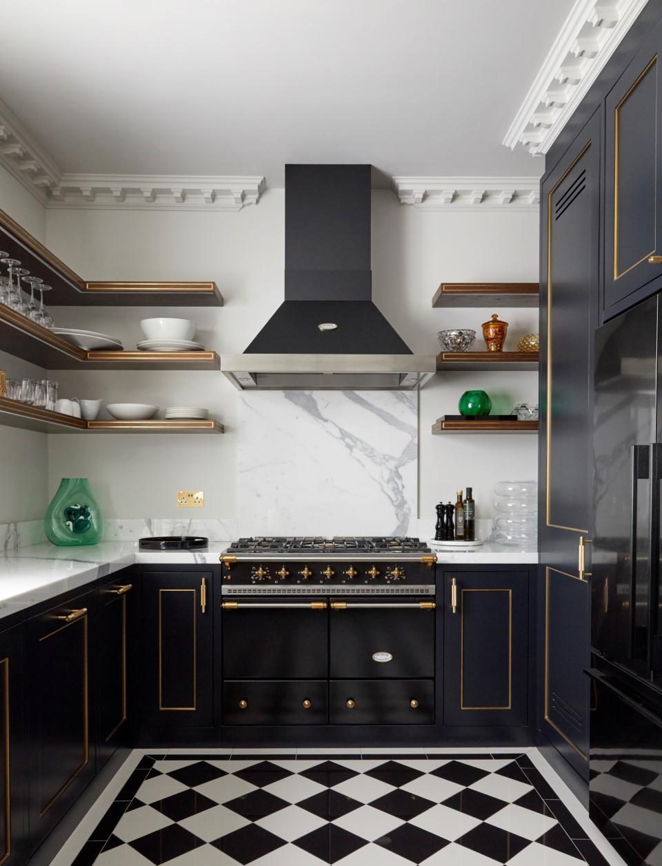 A modern kitchen with a tiled checkerboard floor