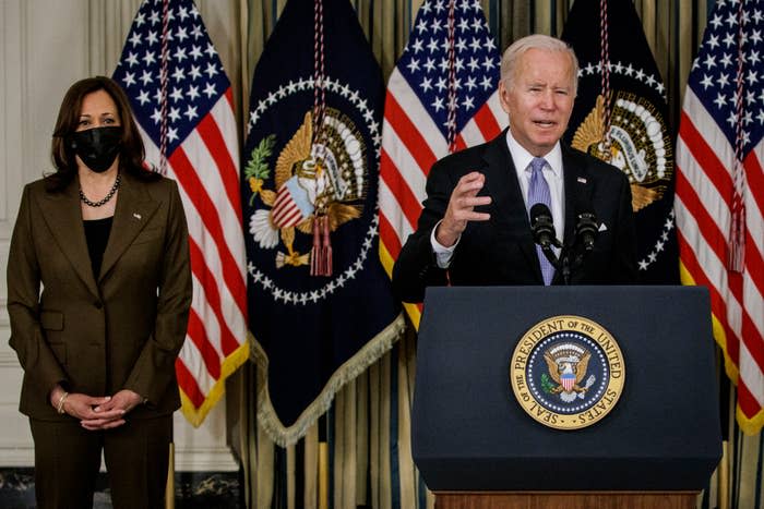 Biden and Harris giving a press conference.