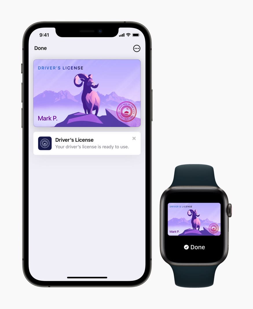 Apple Wallet driver’s license on iPhone and Apple Watch. - Credit: Apple Inc.