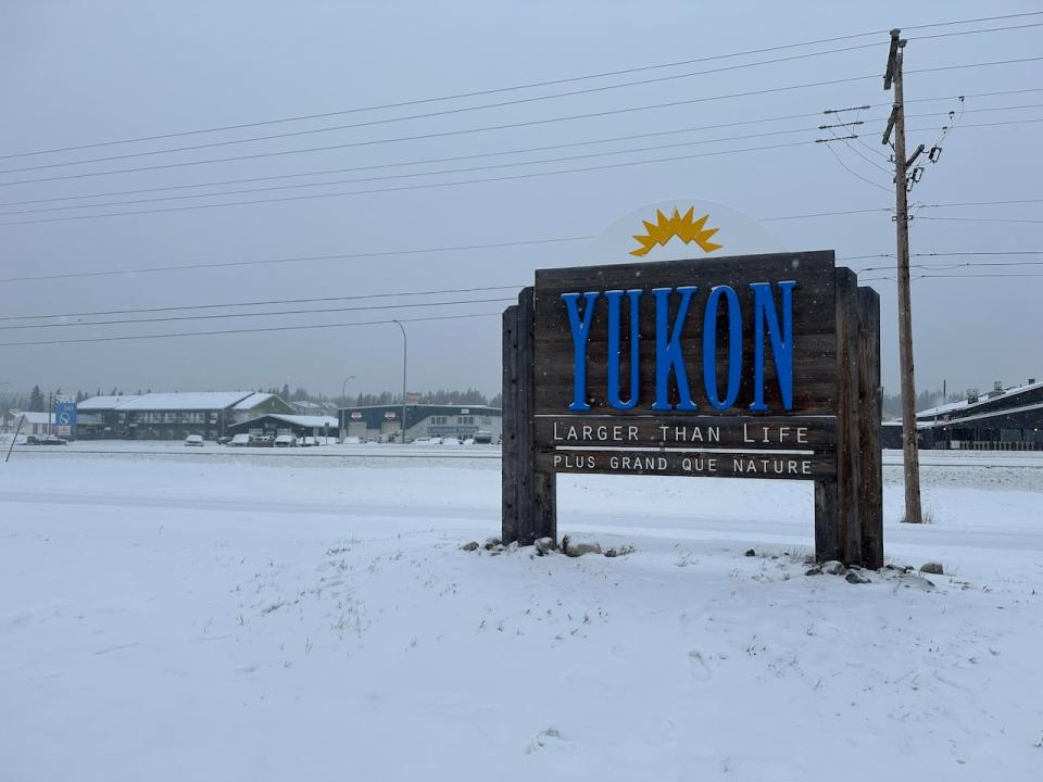 The "Yukon" sign outside of Erik Nielsen Whitehorse International Airport photographed on Dec. 29, 2023. 