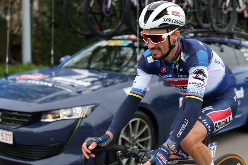 French Julian Alaphilippe of Soudal QuickStep pictured in action during the men elite race of the Dwars Door Vlaanderen cycling race 1835 km from Roeselare to Waregem Wednesday 29 March 2023 BELGA PHOTO DAVID PINTENS Photo by DAVID PINTENS  BELGA MAG  Belga via AFP Photo by DAVID PINTENSBELGA MAGAFP via Getty Images