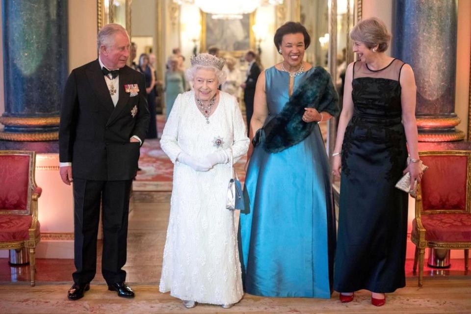 Queen Elizabeth, Prince Charles, Commonwealth Secretary-General Baroness Patricia Scotland and Prime Minister Theresa May