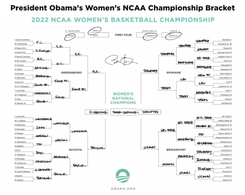 Former President Barack Obama reveals his March Madness bracket for the women's NCAA tournament.