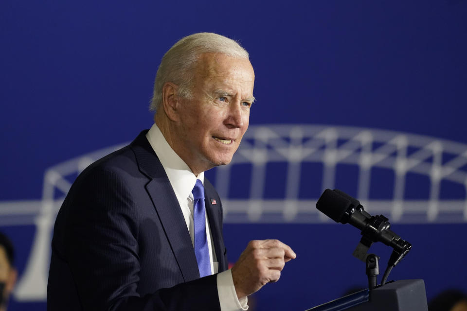 President Joe Biden speaks about broadband, road and other infrastructure projects during an event at the Kansas City Area Transit Authority, Wednesday, Dec. 8, 2021, in Kansas City, Mo. (AP Photo/Alex Brandon)