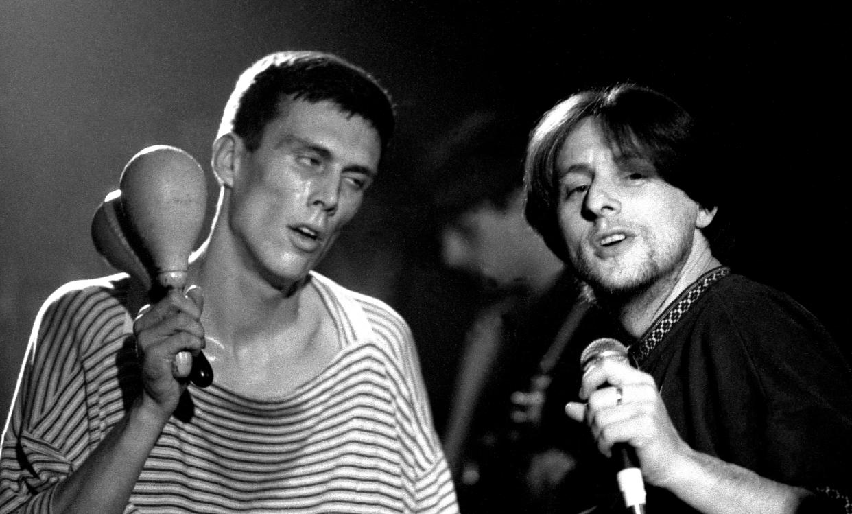 Shaun Ryder and Bez of the Happy Mondays, Looking wasted. Live at the Free Trade Hall, Manchester. 18.11.1989. (Photo by: Peter J Walsh/PYMCA/Avalon/Universal Images Group via Getty Images)