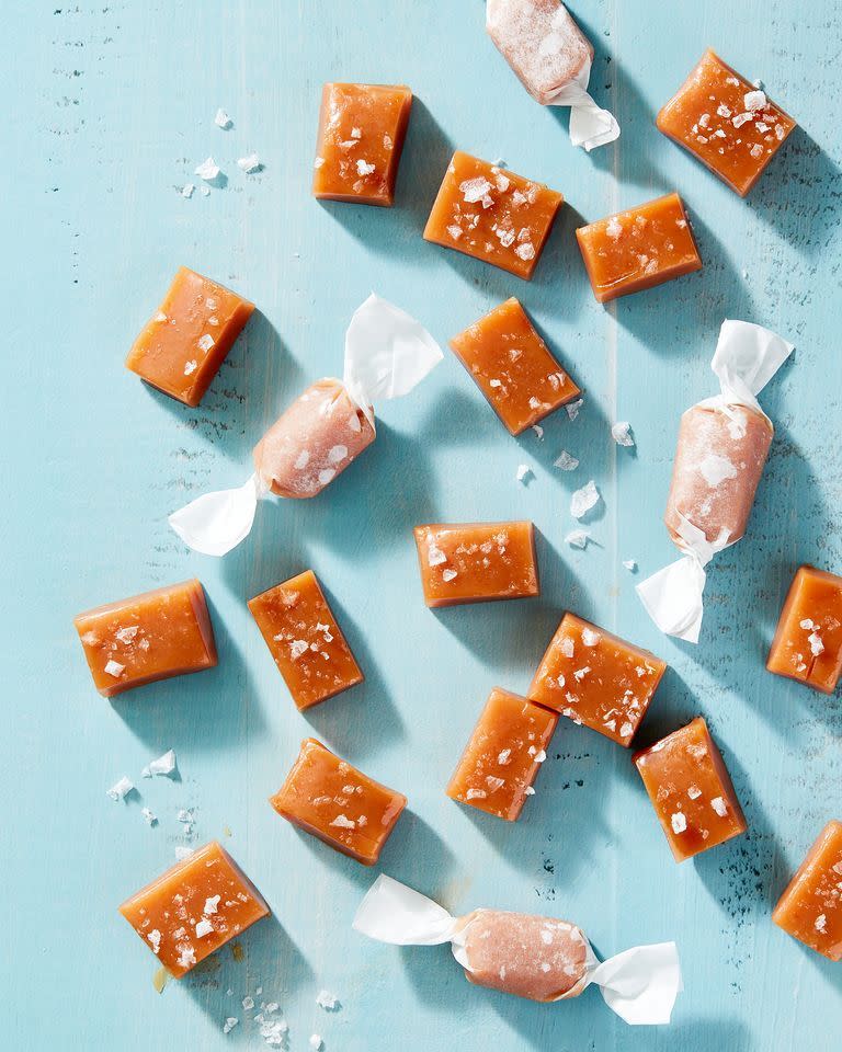 homemade sea salt caramels on a light blue background