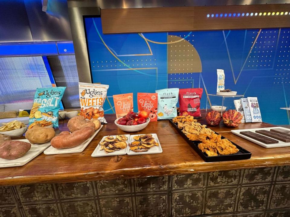 PHOTO: Sustainable and upcycled snacks from Blue Stripes, Flock and Uglies. (ABC News)