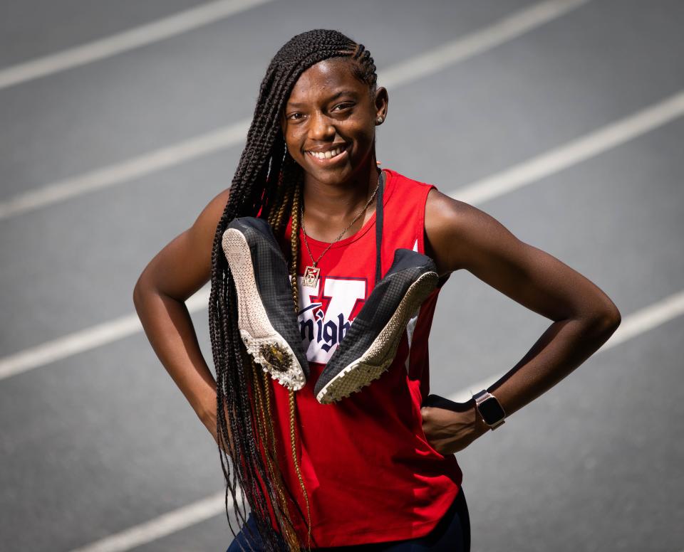 Vanguard High School's Trinity Harris is the Ocala Star-Banner Girls Field Athlete of the Year. She posed for portraits at the Brick City Track on June 30.