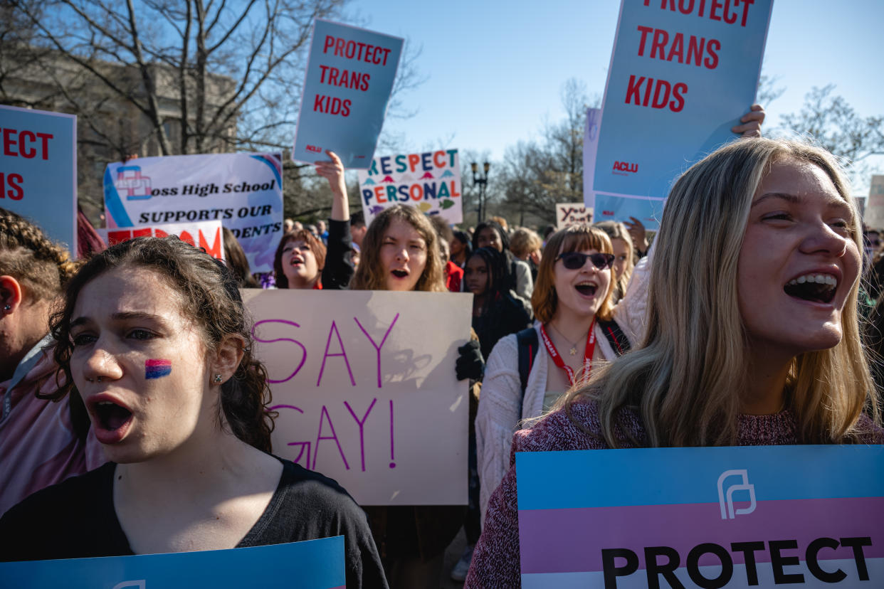 At the Kentucky State Capitol in Frankfort on Wednesday, March 29, demonstrators shout during a rally to protest the passing of a law banning gender-affirming treatment.