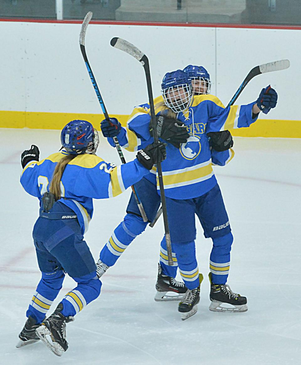 Rylee Hepper of the Aberdeen Cougars, center, celebrates with teammates after scoring a third-period goal during the championship game of the 2024 South Dakota Amateur Hockey Association's varsity girls state tournament on Sunday, March 3, 2024 in Watertown's Prairie Lakes Ice Arena. Hepper's goal gave Aberdeen a 1-0 win over Sioux Falls.