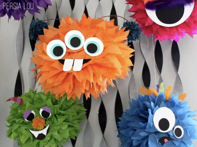 crafts for kids, diy orange monster tissue paper pom poms